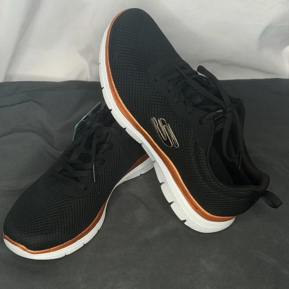 Skechers Flex Appeal 4.0 Black/Rose Gold Lace Up Sneakers. Sz. 7.5 NWT